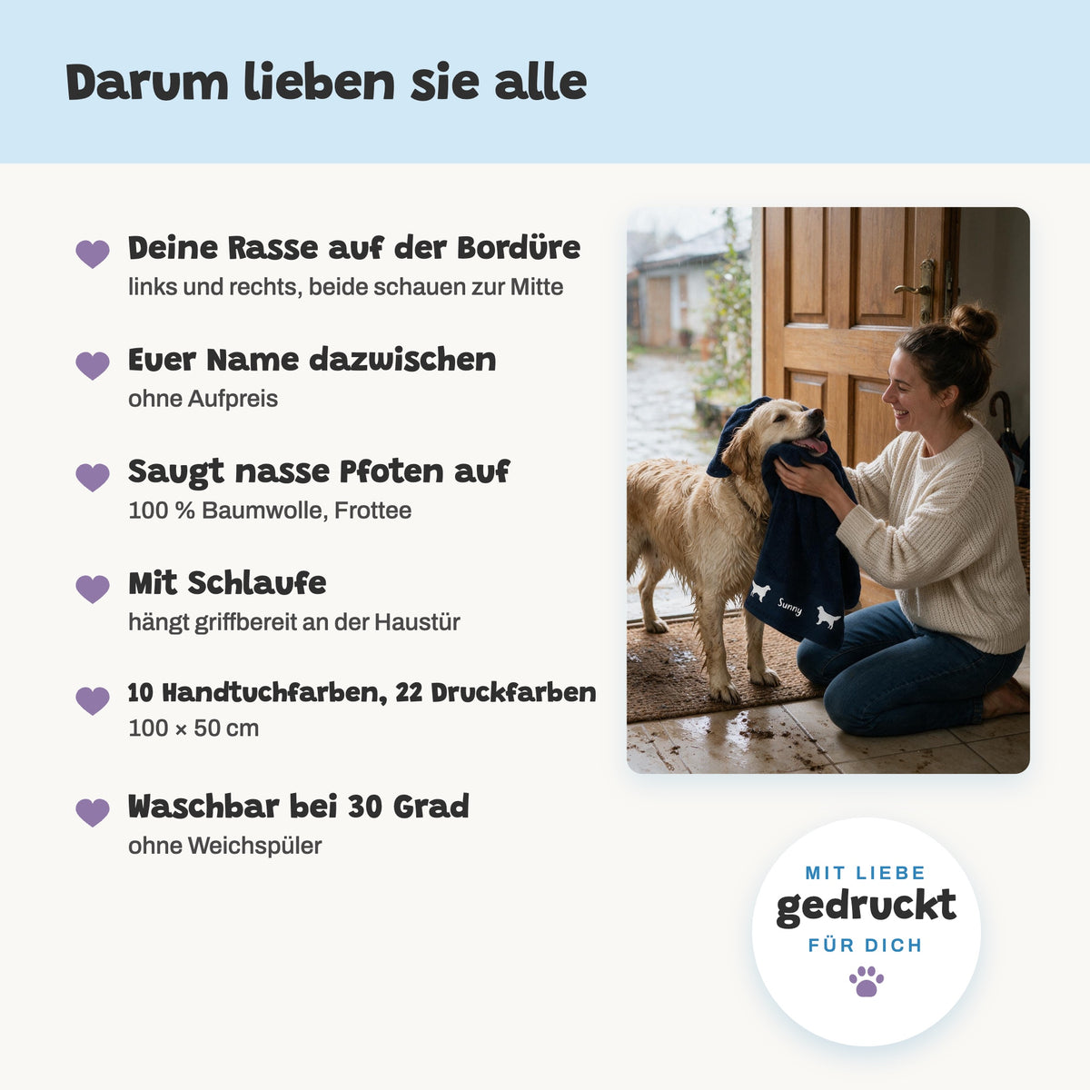 Darum lieben sie alle: Rasse-Silhouetten auf der Bordüre, Name ohne Aufpreis, 100 % Baumwolle, Schlaufe, waschbar bei 30 Grad