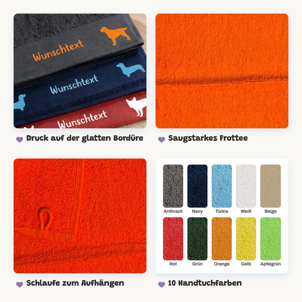 Details des Hunde-Handtuchs: Druck auf der glatten Bordüre, saugstarkes Frottee, Schlaufe, 10 Handtuchfarben