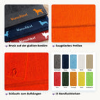 Details des Hunde-Handtuchs: Druck auf der glatten Bordüre, saugstarkes Frottee, Schlaufe, 10 Handtuchfarben