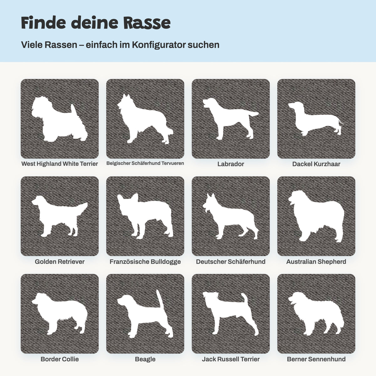Finde deine Rasse: viele Hunderassen als Silhouette für das Handtuch