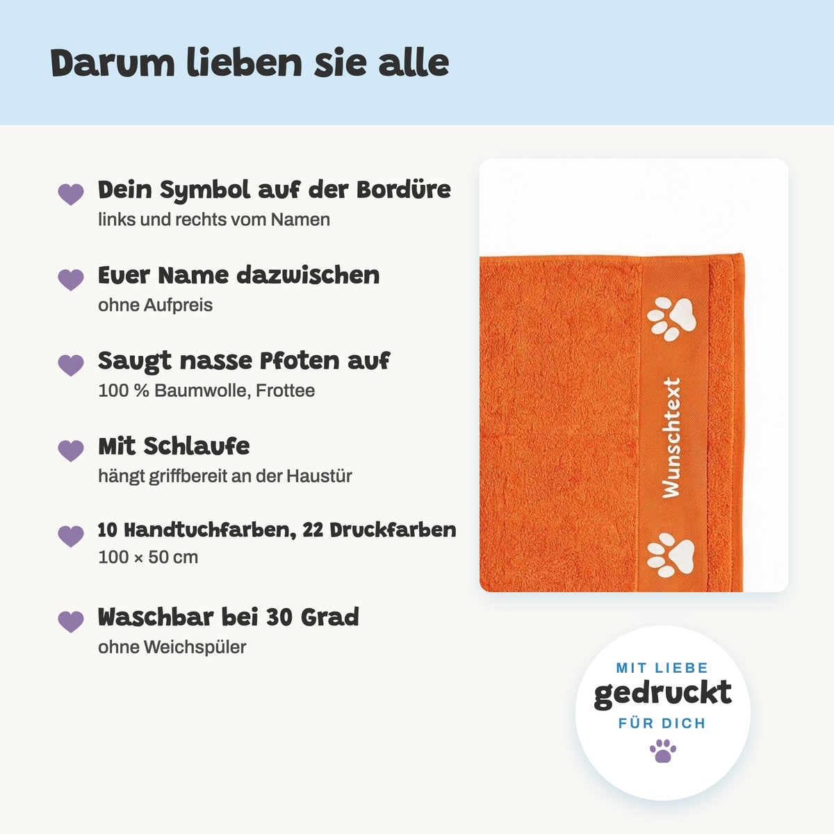 Darum lieben sie alle: Symbol auf der Bordüre, Name ohne Aufpreis, 100 % Baumwolle, Schlaufe, waschbar bei 30 Grad