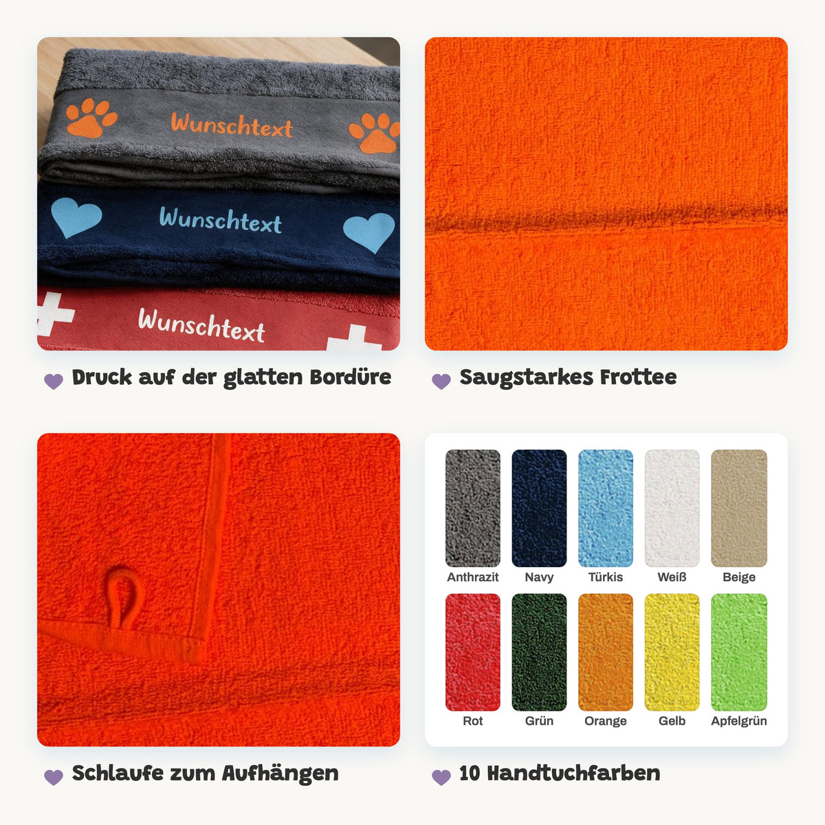Details des Hunde-Handtuchs: Druck auf der glatten Bordüre, saugstarkes Frottee, Schlaufe, 10 Handtuchfarben