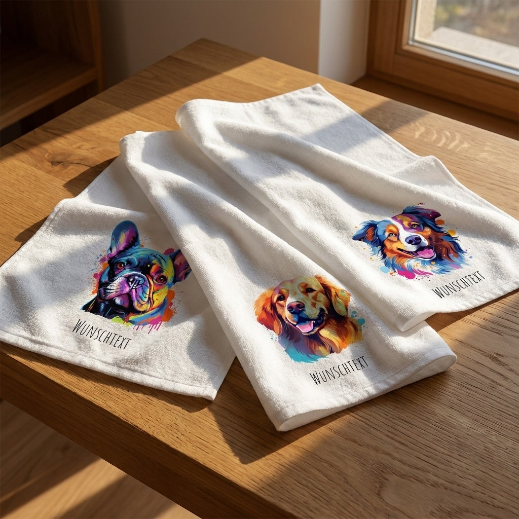 Drei personalisierte Hunde-Handtuecher mit bunten Pop-Art-Portraets und Wunschname auf einem Eichentisch