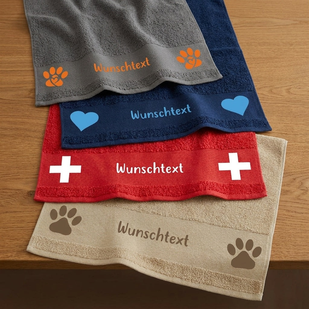 Vier personalisierte Hunde-Handtuecher mit Herz, Pfote und Rettungshund-Kreuz auf einem Eichentisch
