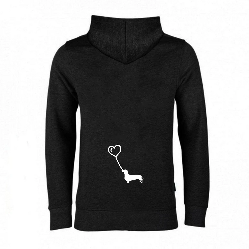 Herzballon-Hoodie Schwarz im Damenschnitt, Rückendruck Dackel-Silhouette am Herz-Luftballon in Weiß