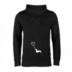 Herzballon-Hoodie Schwarz im Damenschnitt, Rückendruck Dackel-Silhouette am Herz-Luftballon in Weiß