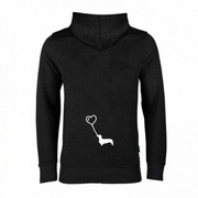 Herzballon-Hoodie Schwarz im Damenschnitt, Rückendruck Dackel-Silhouette am Herz-Luftballon in Weiß