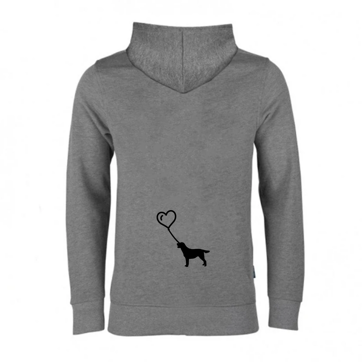 Herzballon-Hoodie grau melange im Herrenschnitt, Rückendruck Labrador-Silhouette am Herz-Luftballon in Schwarz
