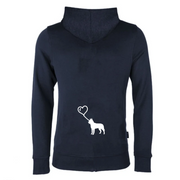 Herzballon-Hoodie Navy im Damenschnitt, Rückendruck Malinois-Silhouette am Herz-Luftballon in Weiß