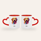Weiße Tasse mit rotem Herzhenkel und buntem Pop-Art-Porträt eines Labrador Retrievers mit dem Namen Bella, Ansicht beider Seiten