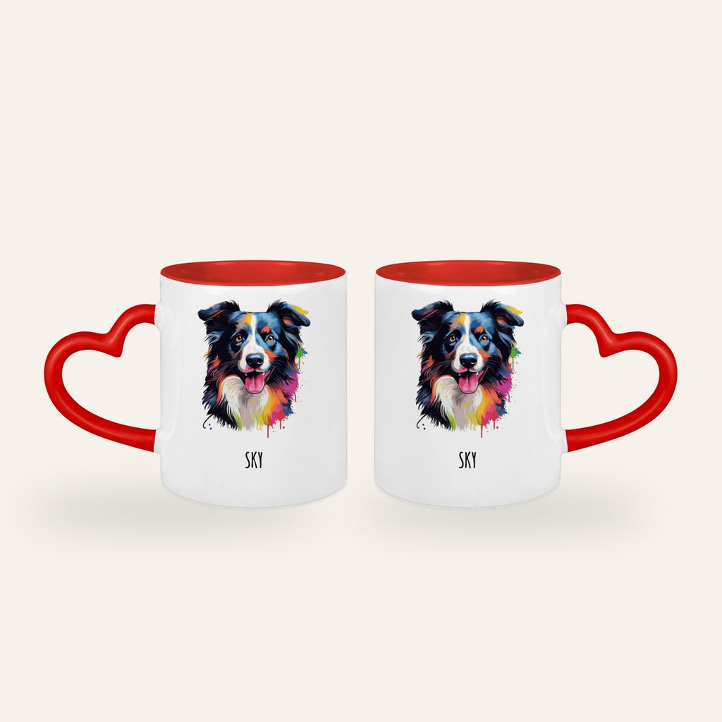 Weiße Tasse mit rotem Herzhenkel und buntem Pop-Art-Porträt eines Border Collies mit dem Namen Sky, Ansicht beider Seiten