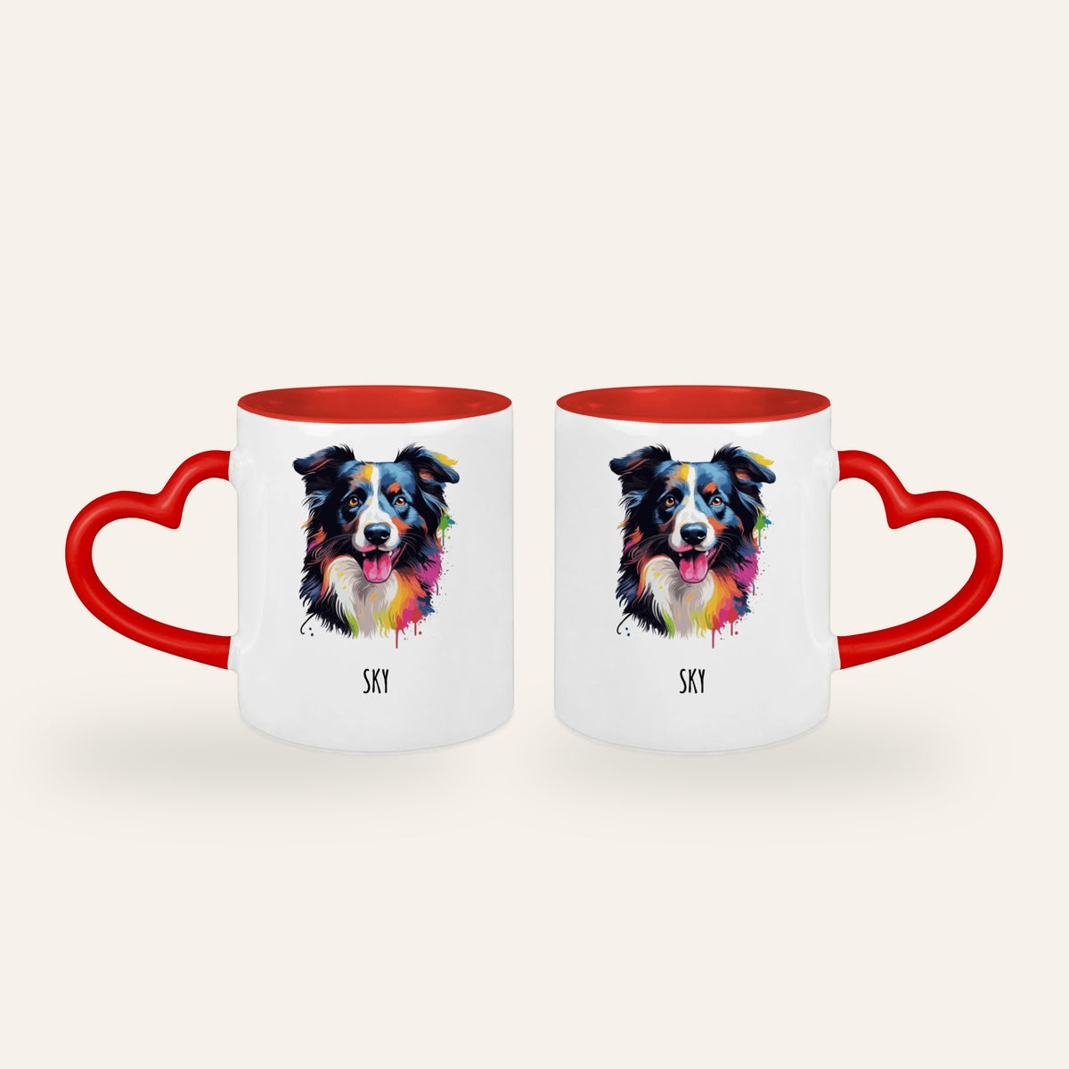 Weiße Tasse mit rotem Herzhenkel und buntem Pop-Art-Porträt eines Border Collies mit dem Namen Sky, Ansicht beider Seiten