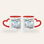 Weiße Tasse mit rotem Herzhenkel, dem Spruch Ohne Hund ist alles doof und dem Namen Max, Ansicht beider Seiten