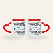 Weiße Tasse mit rotem Herzhenkel, dem Spruch Ohne Hund ist alles doof und dem Namen Max, Ansicht beider Seiten