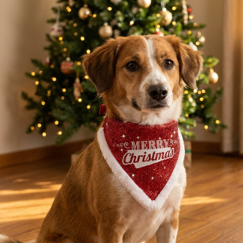 Hund mit rotem Glitzer-Halstuch Merry Christmas mit Plüschborte vor dem Weihnachtsbaum
