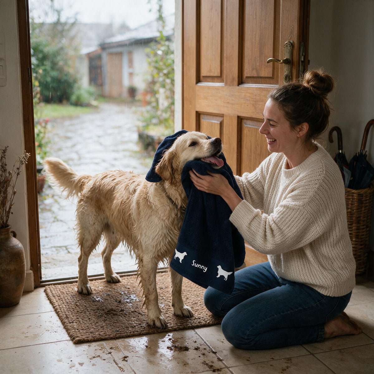 Nasser Golden Retriever wird nach der Gassirunde mit dem navyblauen Handtuch abgetrocknet