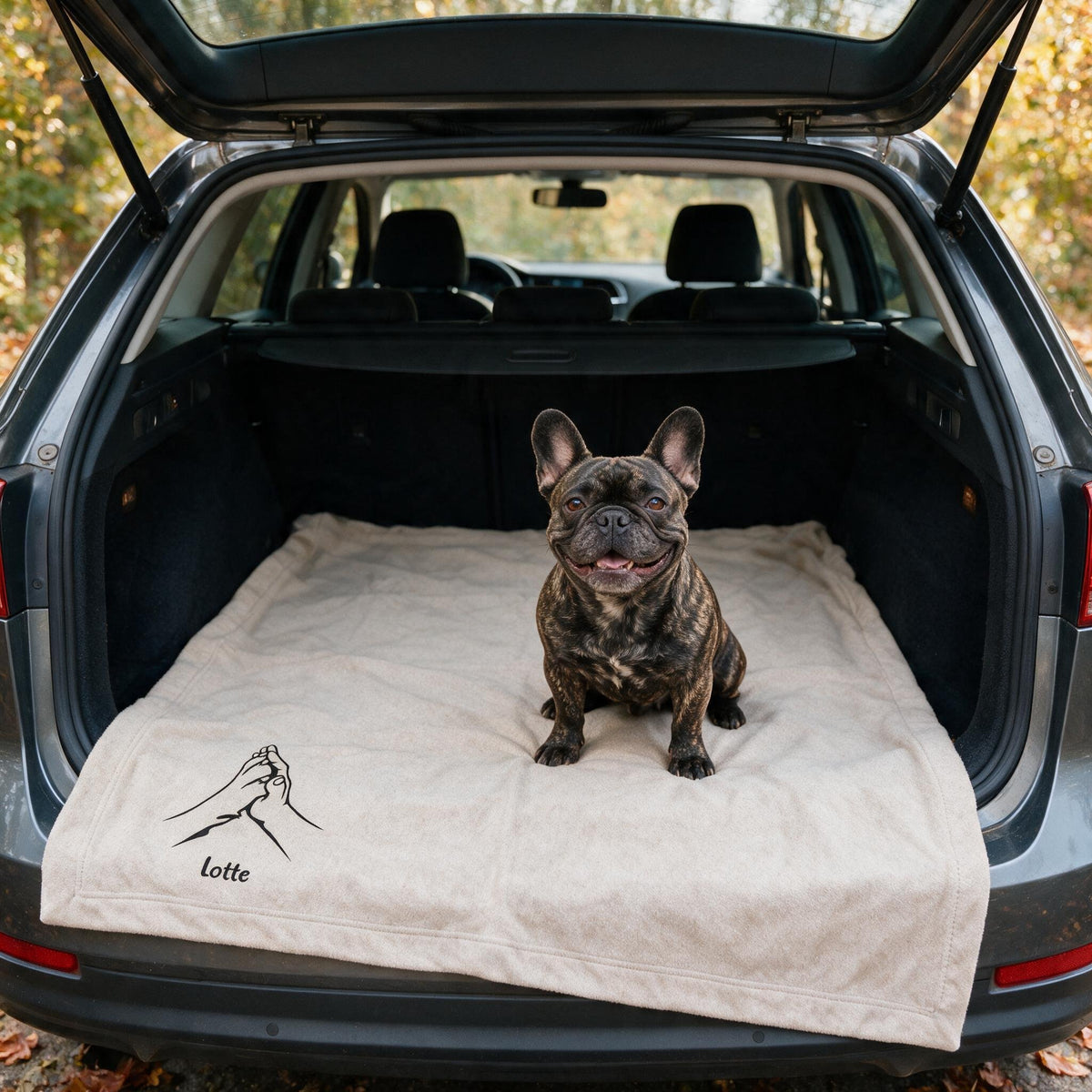 Französische Bulldogge sitzt im Kofferraum auf der beigen Kuscheldecke mit Hand-und-Pfote-Motiv
