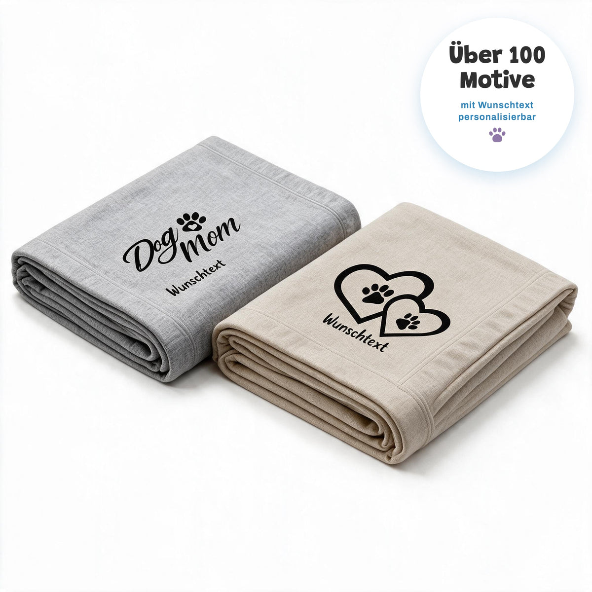 Zwei gefaltete Kuscheldecken in Grau und Beige mit Dog-Mom- und Herz-und-Pfote-Motiv, über 100 Motive, mit Wunschtext personalisierbar