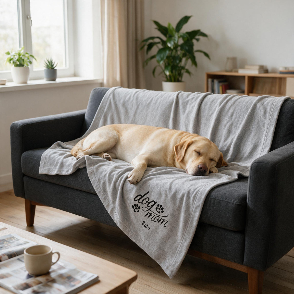 Labrador schläft auf der grauen Kuscheldecke, das Dog-Mom-Motiv mit Namen hängt über die Sofakante