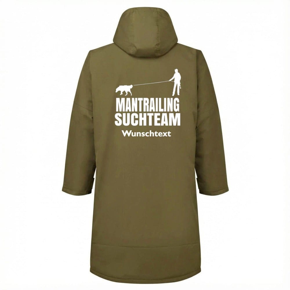 Outdoor Mantel für Hundemenschen, Rückansicht mit Mantrailing Motiv, oliv