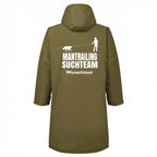 Outdoor Mantel für Hundemenschen, Rückansicht mit Mantrailing Motiv, oliv