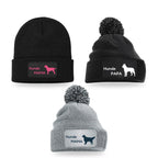 Beanie und Bommelmützen mit Hunde Mama und Hunde Papa Schriftzug und Rassesilhouette: Labrador, Malinois, Golden Retriever