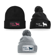 Beanie und Bommelmützen mit Hunde Mama und Hunde Papa Schriftzug und Rassesilhouette: Labrador, Malinois, Golden Retriever