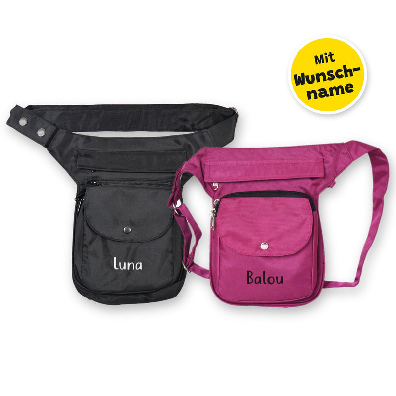 Nijens Hüfttasche Hannover mit Wunschname in Schwarz und Pink – schwarze Tasche mit weißem Namen Luna, pinke Tasche mit schwarzem Namen Balou