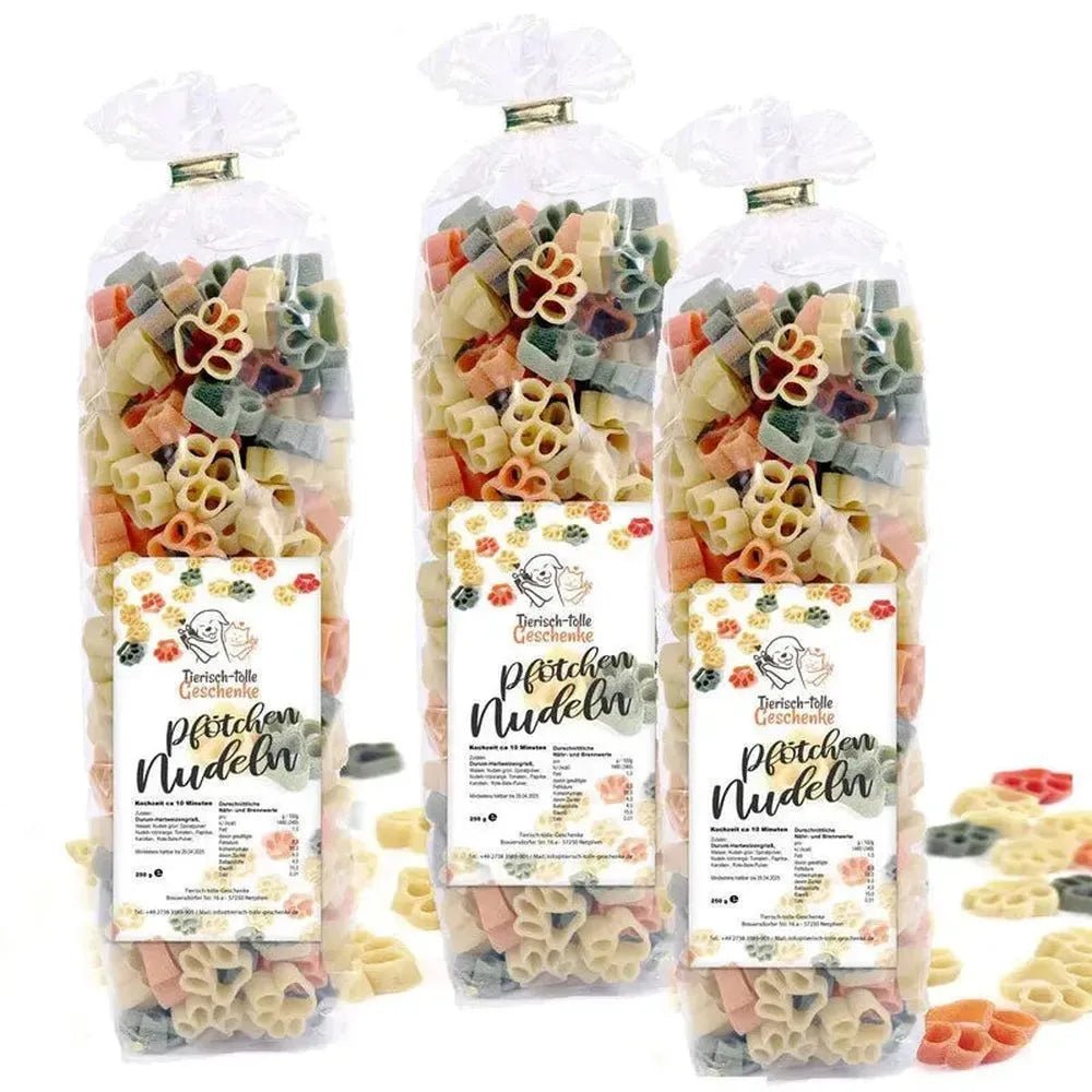 Hunde Motiv Nudeln - Pfötchen Nudeln 3er SET -250 Gr.- bunt-Tierisch tolle Geschenke
