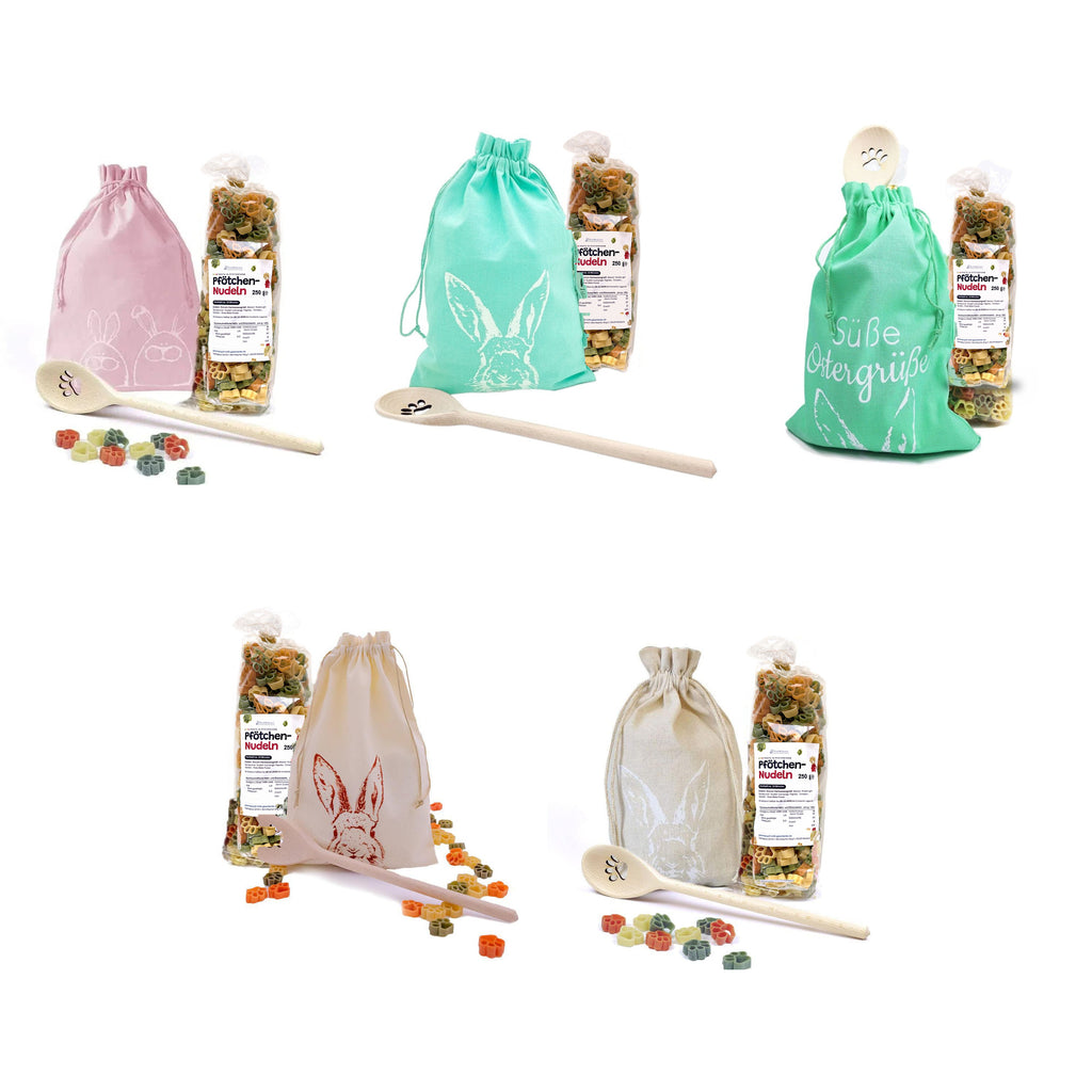 Pfotennudeln-Ostersets mit Pfoten-Kochlöffel: fünf Stoffbeutel mit Hasenmotiven in Rosa, Türkis, Mintgrün und Natur