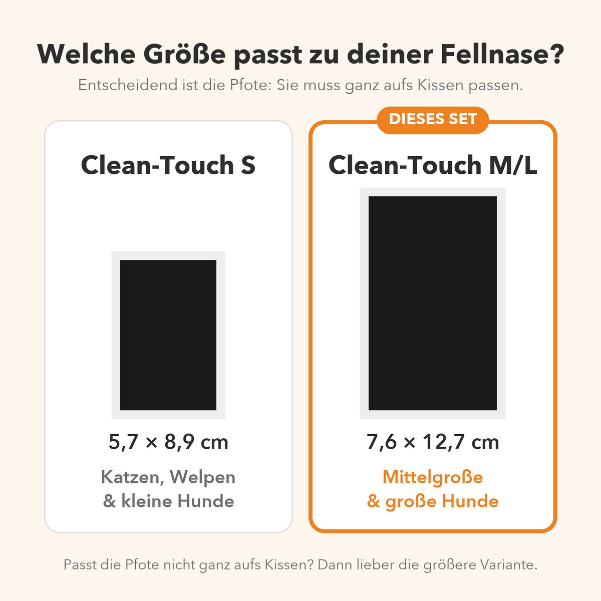 Größenvergleich: Das Set M/L hat eine Abdruckfläche von 7,6 × 12,7 cm für mittelgroße und große Hunde, daneben das kleinere Set S.