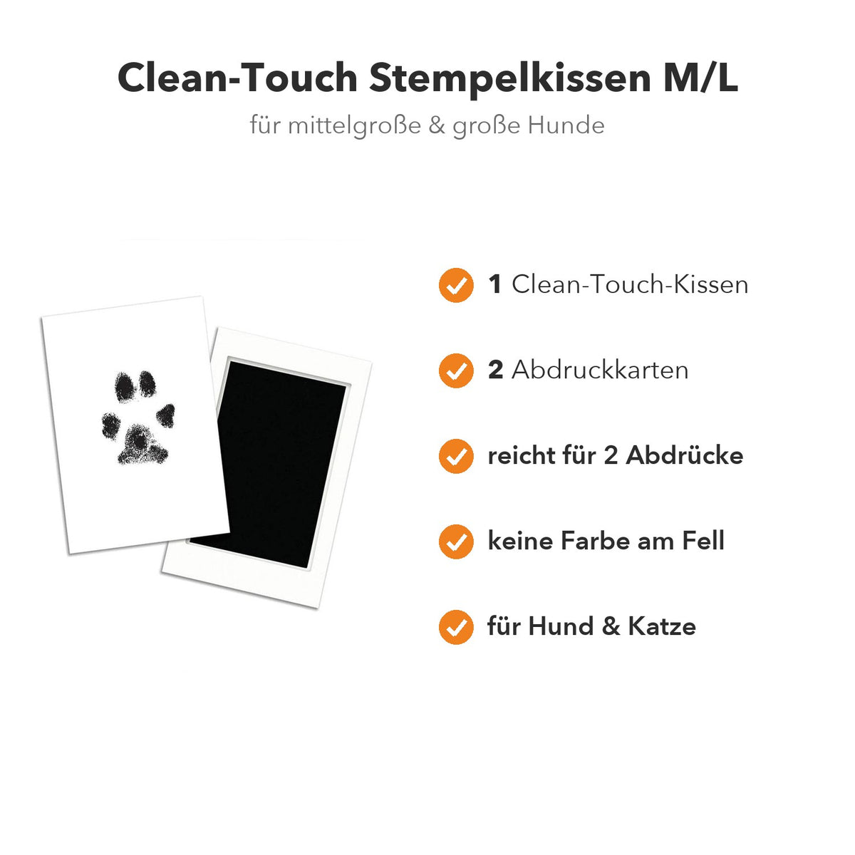 Im Set M/L stecken ein Clean-Touch-Stempelkissen und zwei Abdruckkarten, genug für zwei Pfotenabdrücke.