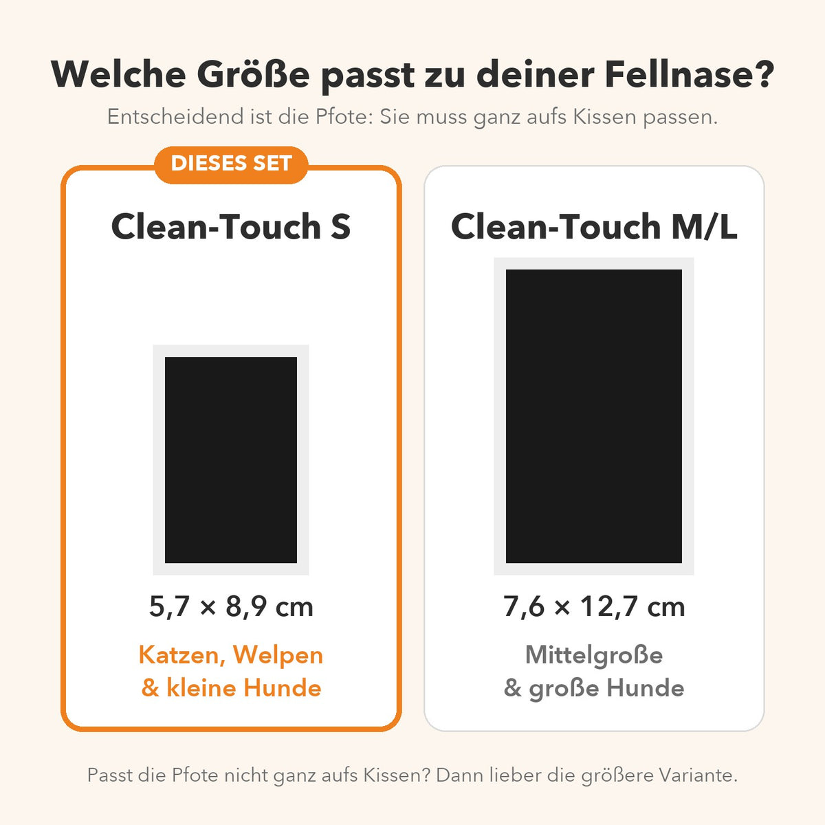 Größenvergleich: Das Set S hat eine Abdruckfläche von 5,7 × 8,9 cm für Katzen, Welpen und kleine Hunde, daneben das größere Set M/L.