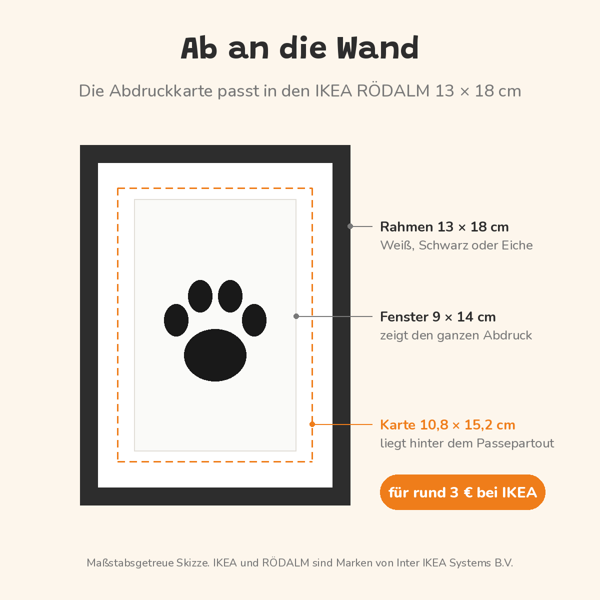Skizze: Pfotenabdruck-Karte 10,8 × 15,2 cm im IKEA RÖDALM Rahmen 13 × 18 cm, Passepartout-Fenster 9 × 14 cm