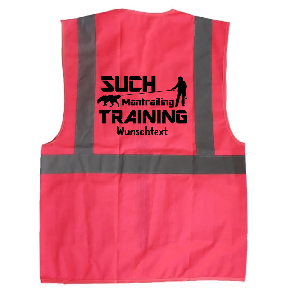 Pinke Premium Warnweste mit Such-Mantrailing-Training-Motiv auf dem Rücken