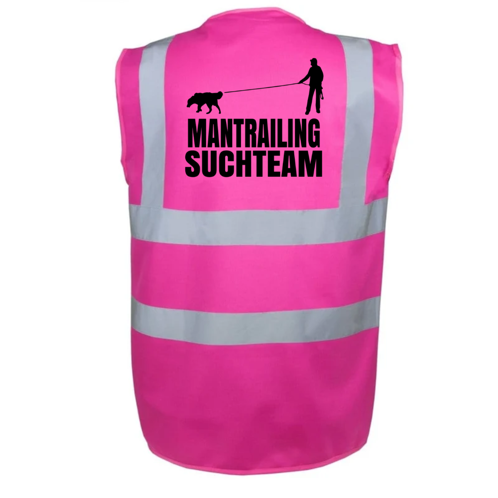 Pinke Classic Warnweste mit Mantrailing-Suchteam-Motiv auf dem Rücken