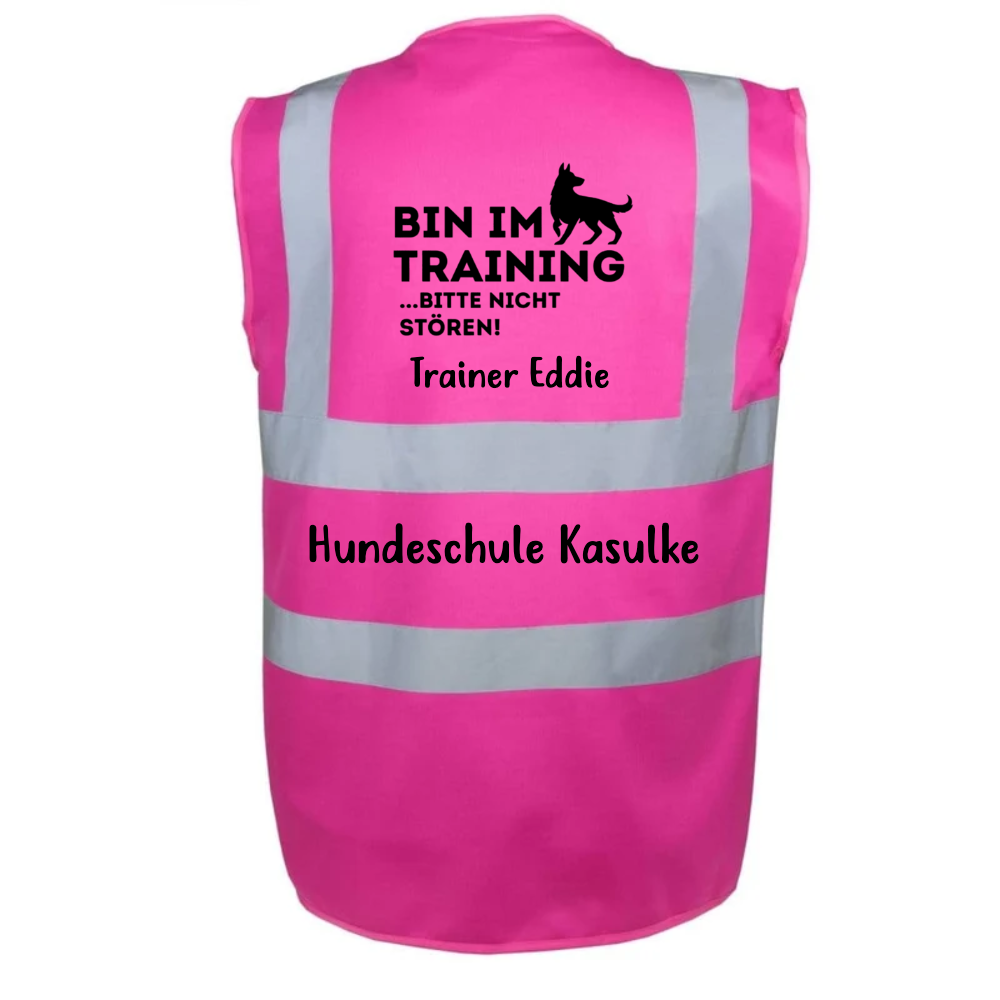 Pinke Classic Warnweste mit Bin-im-Training-Motiv auf dem Rücken