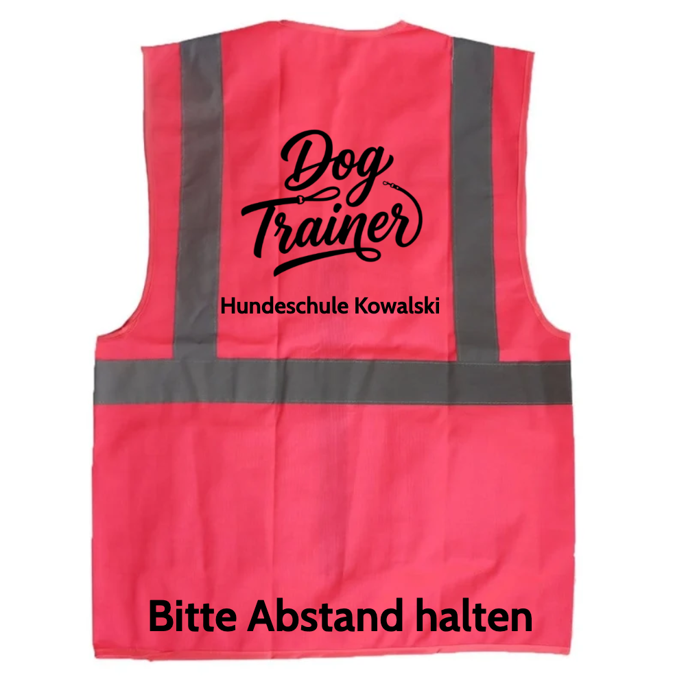 Pinke Premium Warnweste mit Dog-Trainer-Motiv auf dem Rücken