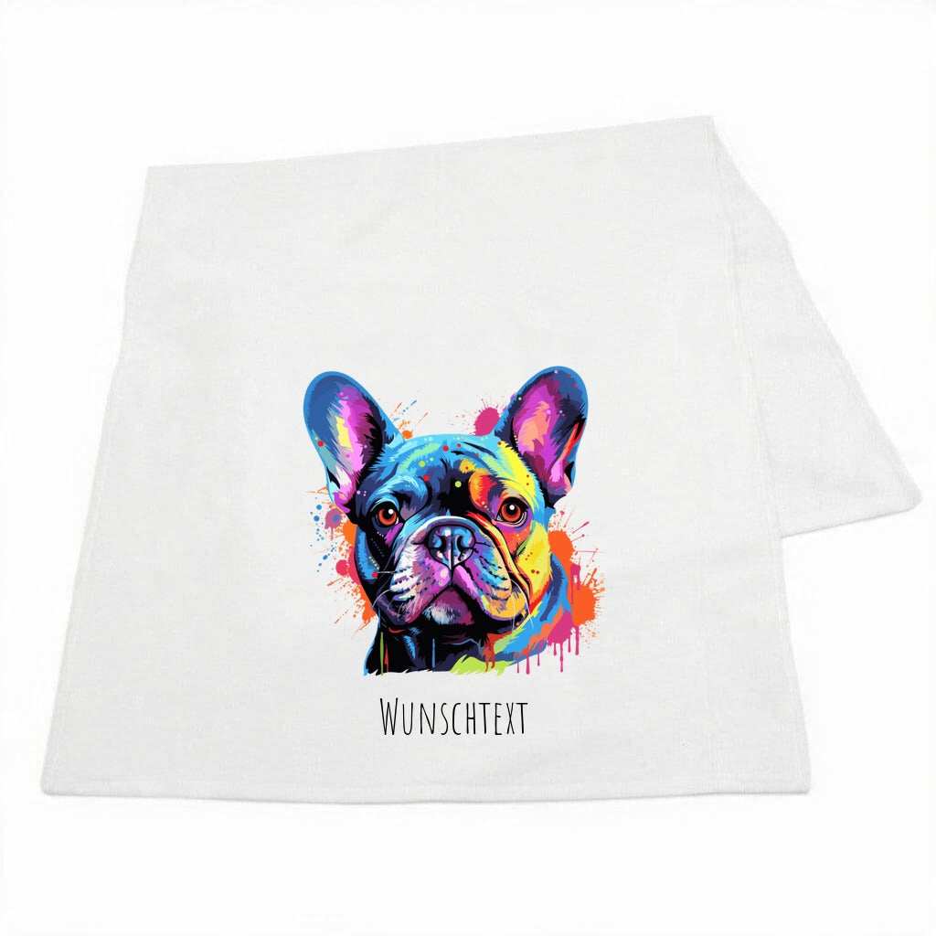 Hunde-Handtuch mit Pop-Art-Portraet der Franzoesischen Bulldogge und Wunschname