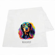 Hunde-Handtuch mit Pop-Art-Portraet eines Dackels und Wunschname