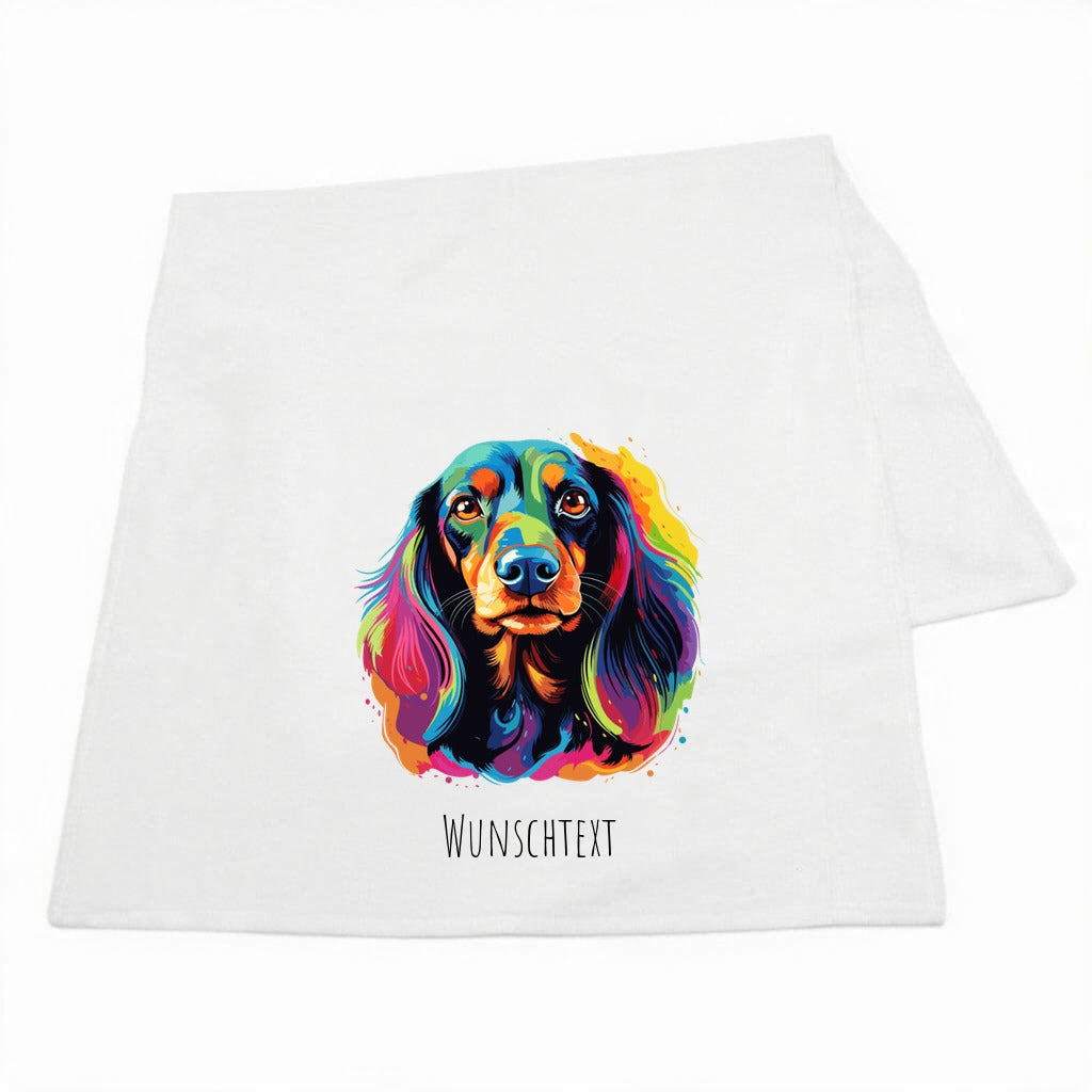 Hunde-Handtuch mit Pop-Art-Portraet eines Dackels und Wunschname