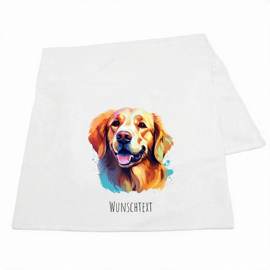 Hunde-Handtuch mit Pop-Art-Portraet eines Golden Retriever und Wunschname