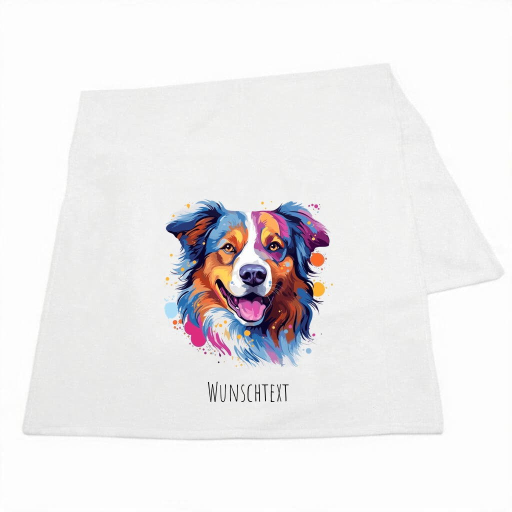 Hunde-Handtuch mit Pop-Art-Portraet eines Australian Shepherd und Wunschname