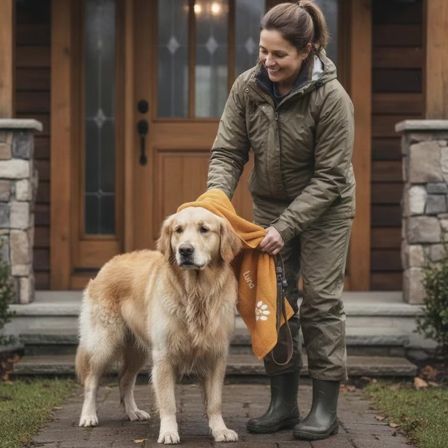 Ein Hund wird abgetrocknet mit einem personalisierten Hundehandtuch