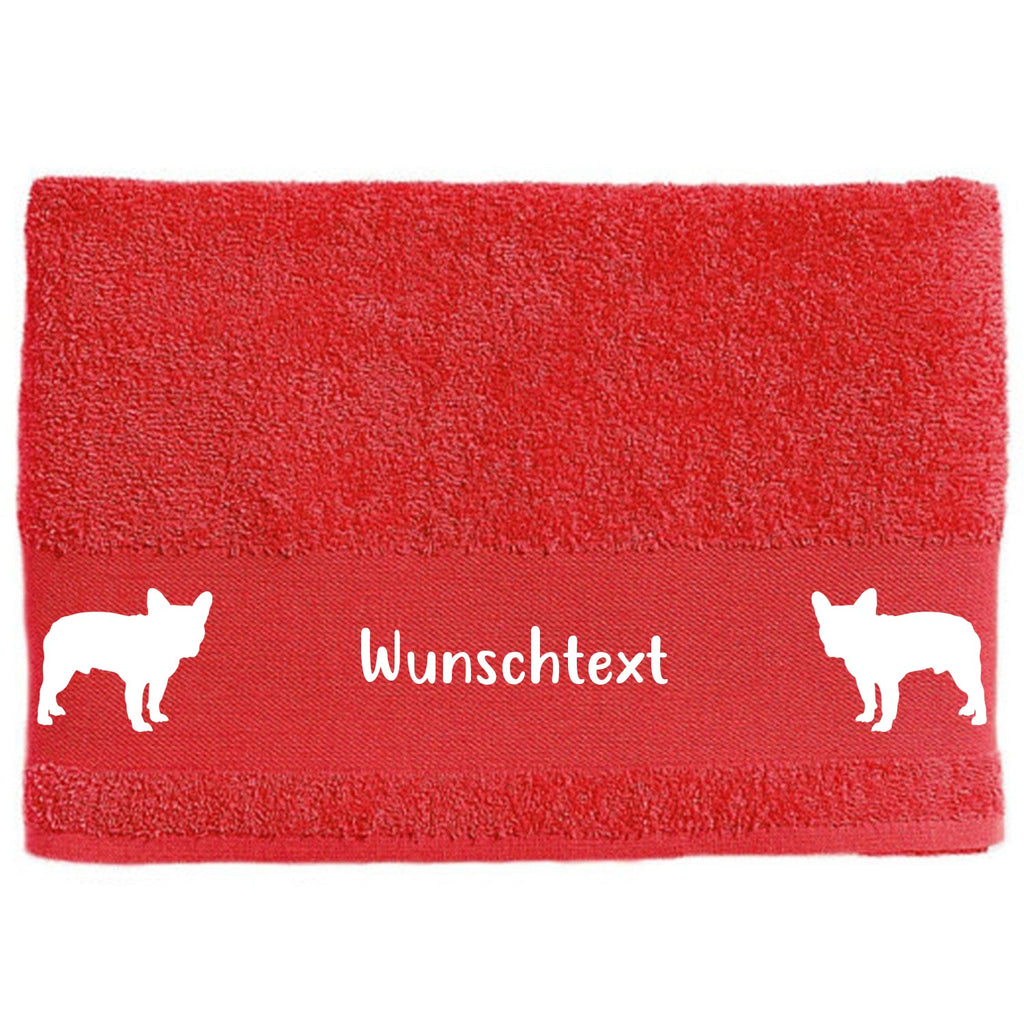 Hunde-Handtuch rot mit Silhouetten der Franzoesischen Bulldogge und Wunschname