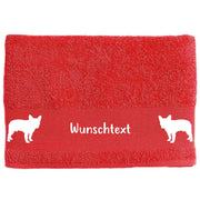 Hunde-Handtuch rot mit Silhouetten der Franzoesischen Bulldogge und Wunschname