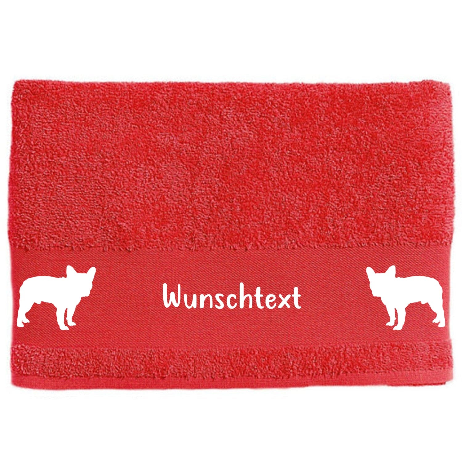 Hunde-Handtuch rot mit Silhouetten der Franzoesischen Bulldogge und Wunschname