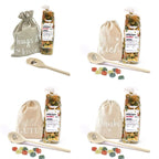 Pfotennudeln-Geschenksets mit Pfoten-Kochlöffel: Stoffbeutel ‚hugs & kisses‘, ‚Nur für dich‘, ‚Alles Gute!‘ und ‚Danke‘ in Natur