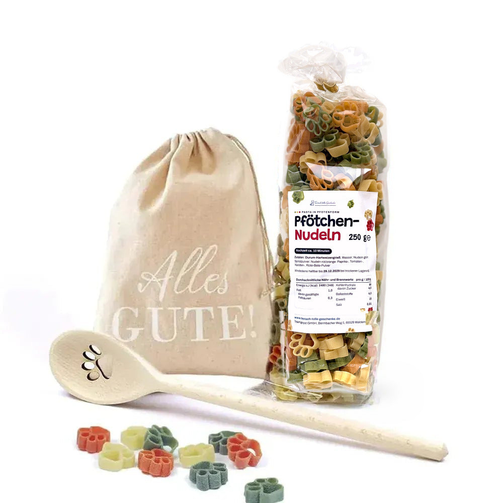 Pfotennudeln-Geschenkset mit Pfoten-Kochlöffel und Stoffbeutel ‚Alles Gute!‘ in Natur