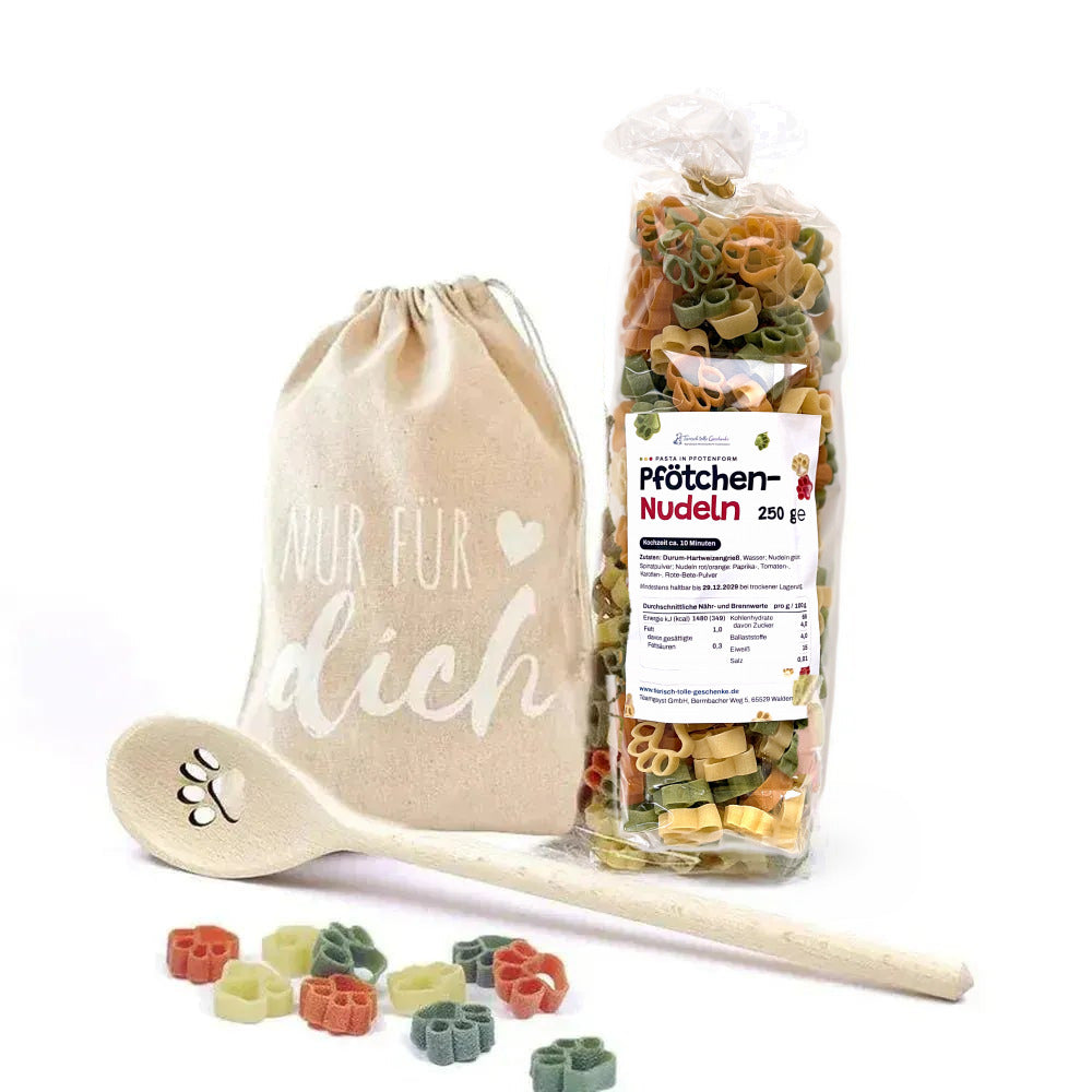 Pfotennudeln-Geschenkset mit Pfoten-Kochlöffel und Stoffbeutel ‚Nur für dich‘ in Natur